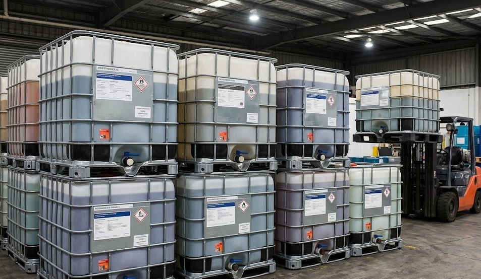 IBC totes in various conditions stacked in warehouse with forklift