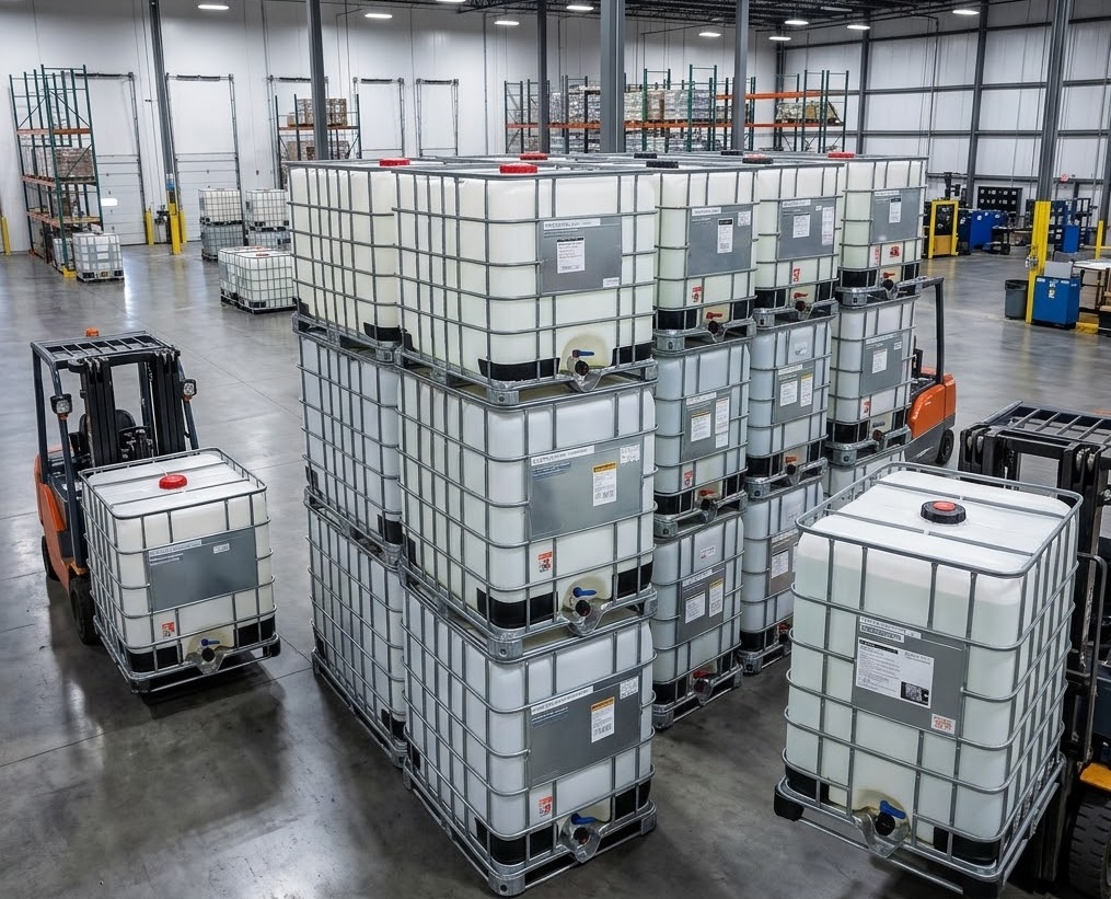Clean modern warehouse facility with neatly stacked white IBC totes