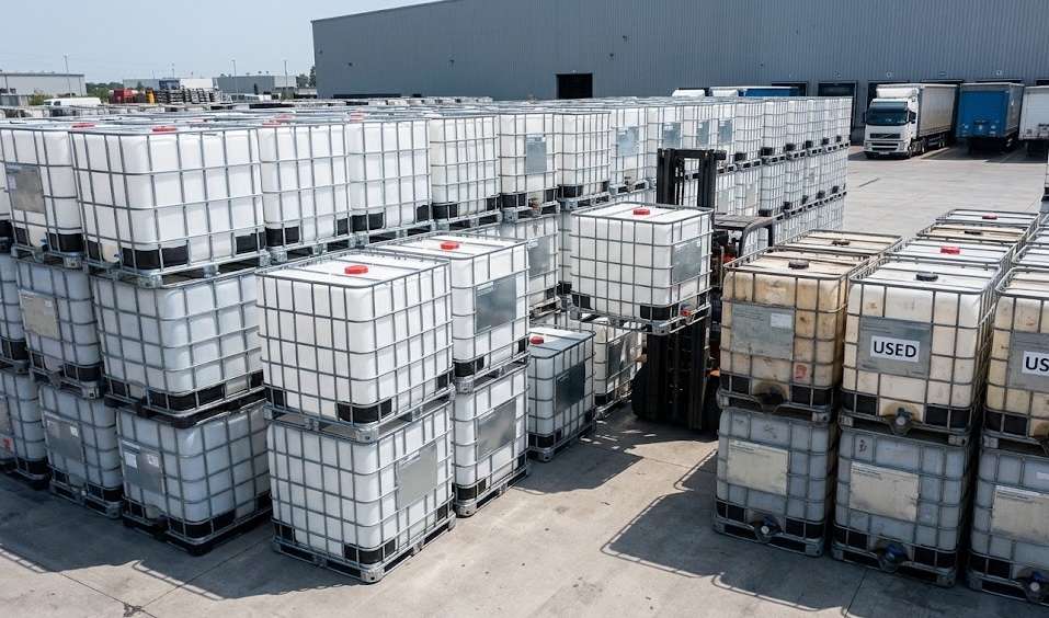 We buy IBC totes in any condition from businesses nationwide - outdoor yard with stacked totes